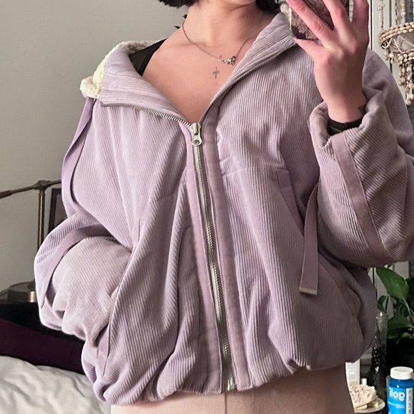 urban outfitters purple corduroy puffer jacket with faux fur lining